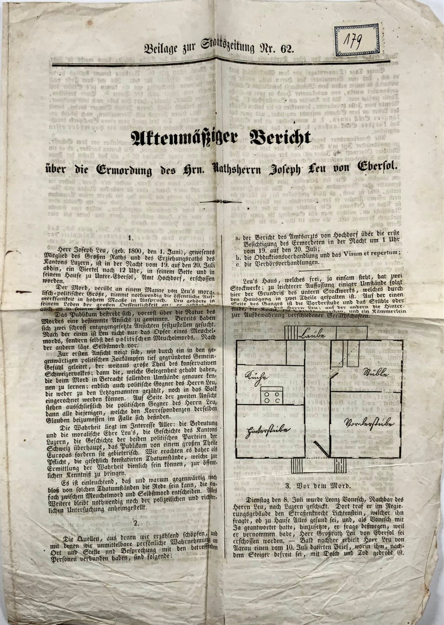 1845 Report on the murder of Joseph Leu von Ebersol, founder of CVP, Switzerland