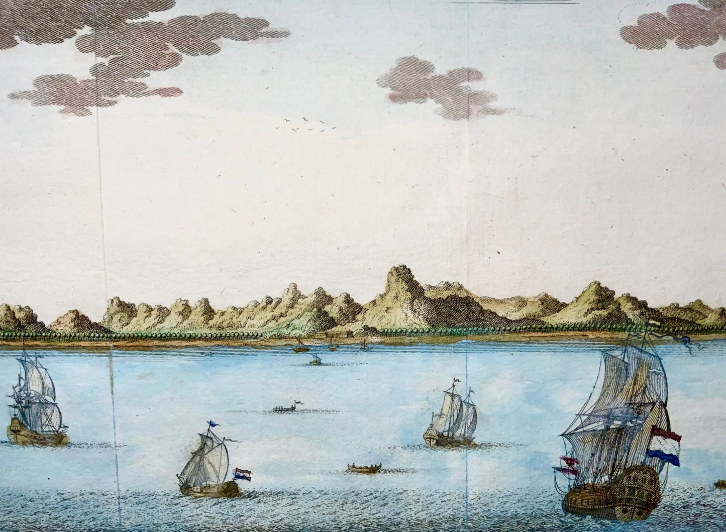 1770 JV Schley, Batticaloa, Ceylon, vista panoramica a colori a mano, mappa