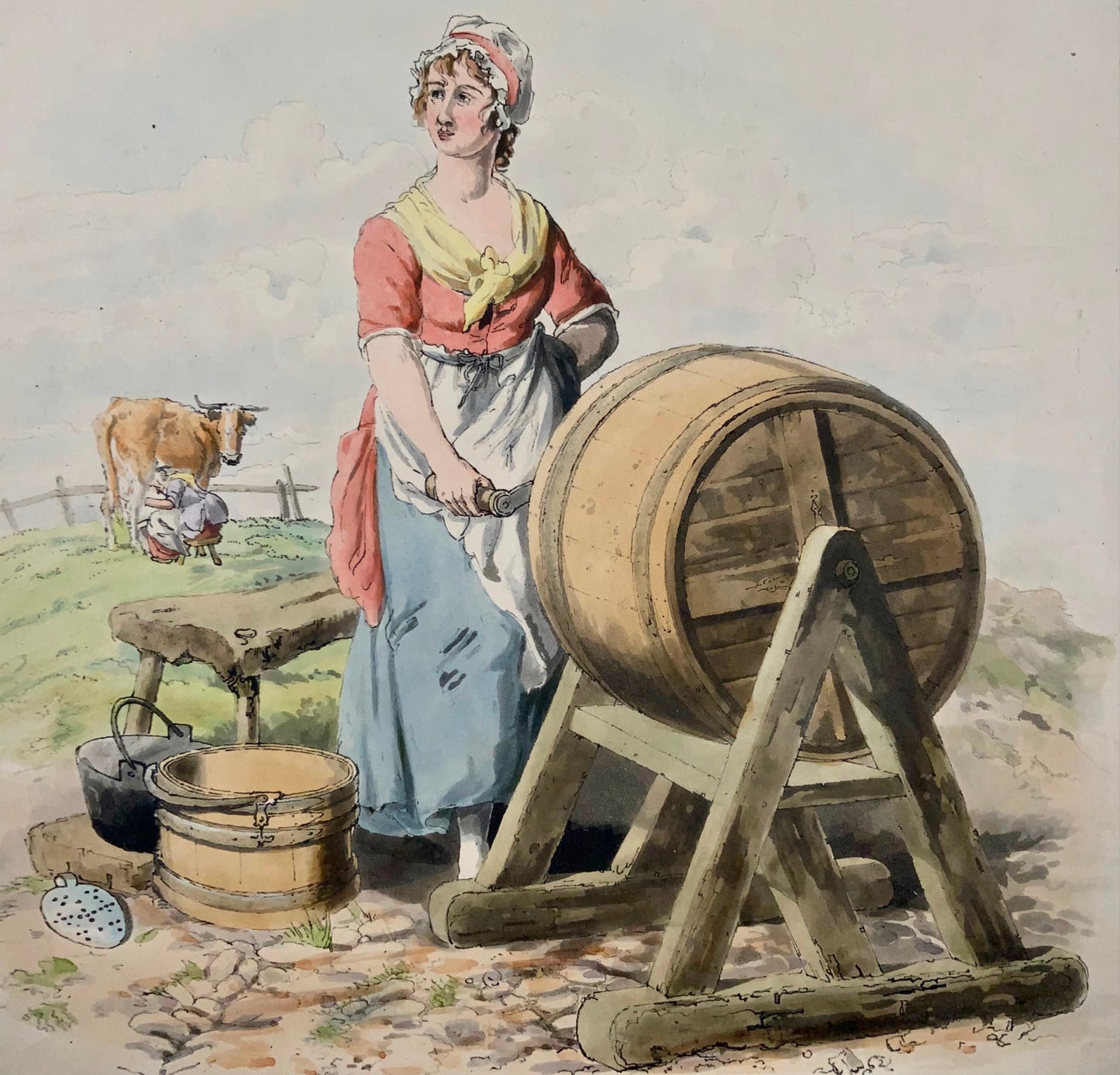 1805 Milk Maid, burro, mungitura, Wm Miller, acquatinta in folio con colori a mano, agricoltura, mestieri