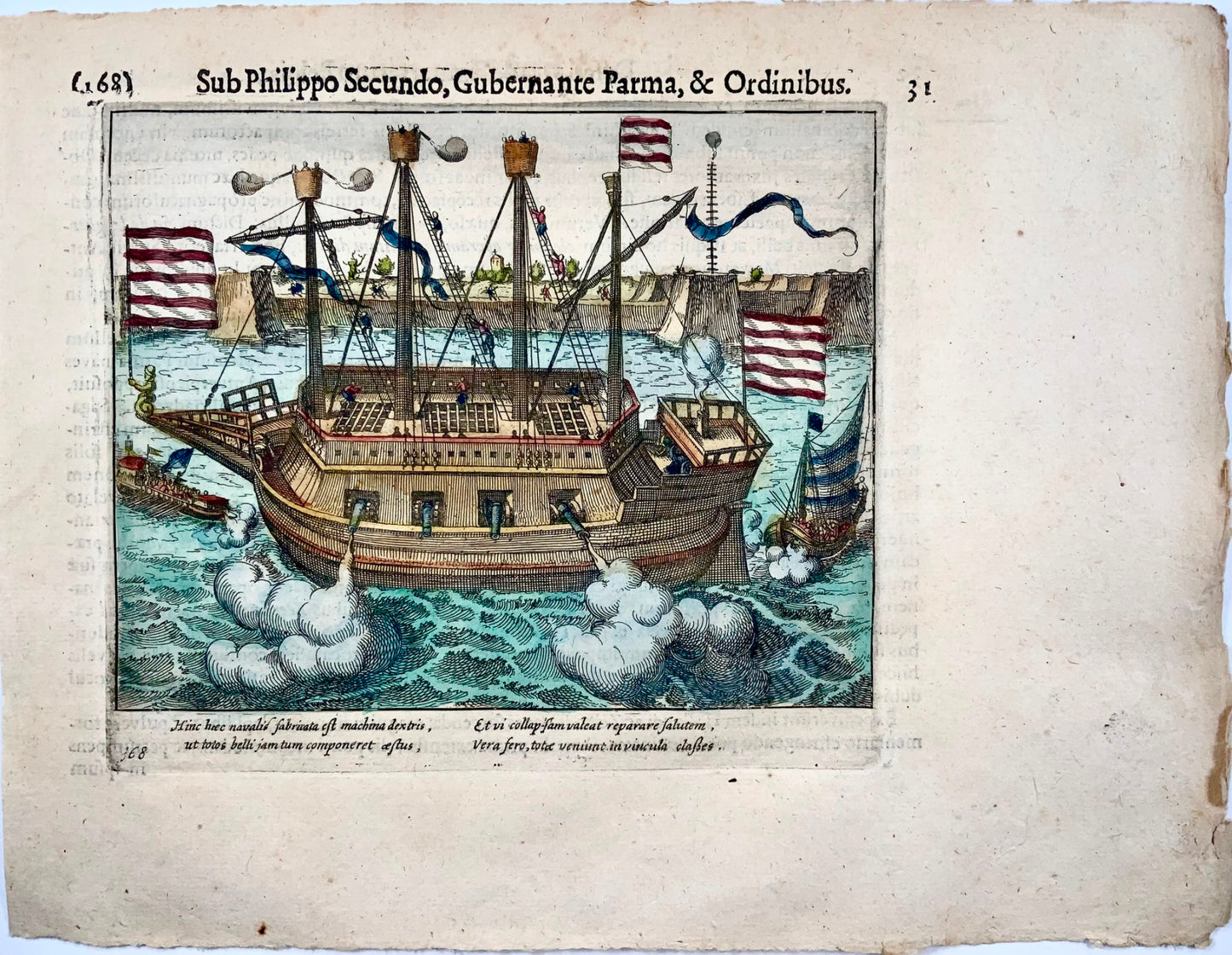 1622 Frans Hogenberg, nave corazzata 'Fin de la guerre', pregiata incisione su rame, storia militare