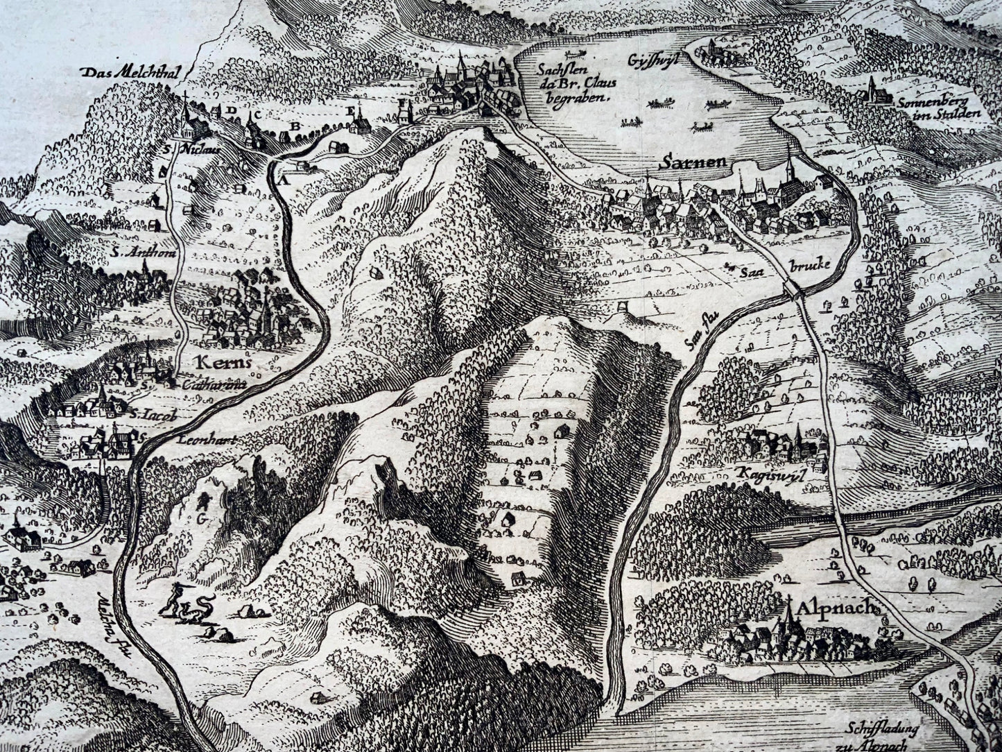 1723 Unterwalden, Bird’s Eye Map, Sarnen, Stans, Kerns, Alpnach, Switzerland