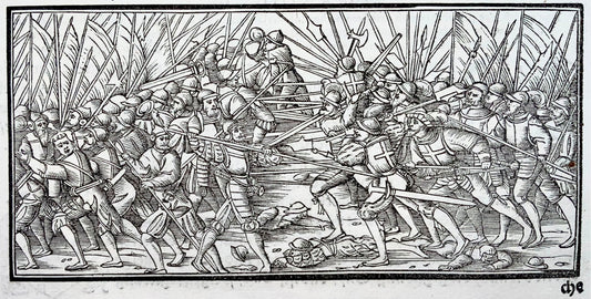 1548 Heinrich Vogtherr; Woofcut Leaf: scena di battaglia vicino a Costanza - Storia militare, Svizzera