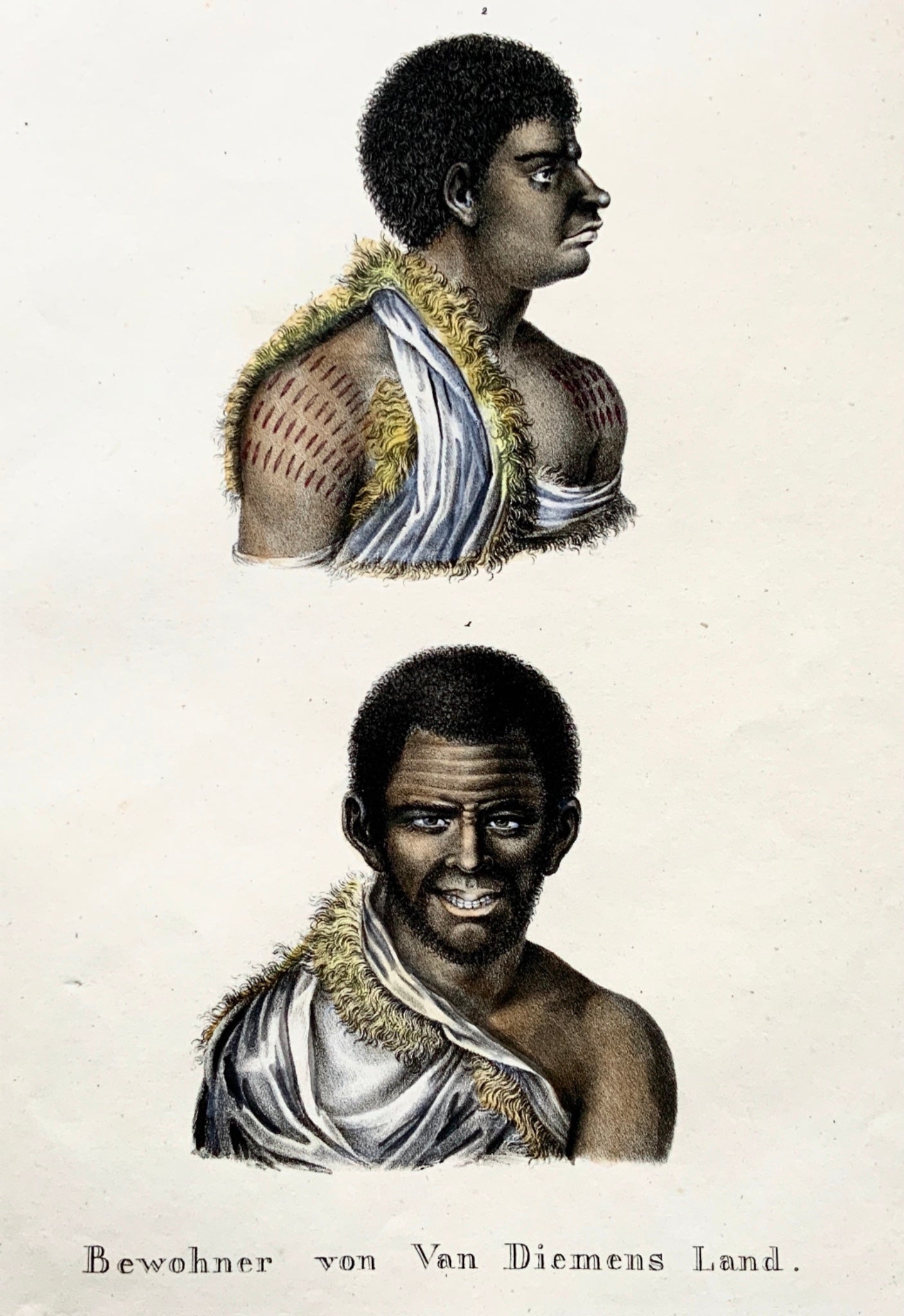 1824 Natives of TASMANIA - K.J. Brodtmann hand colored FOLIO stone lithography - Ethnology