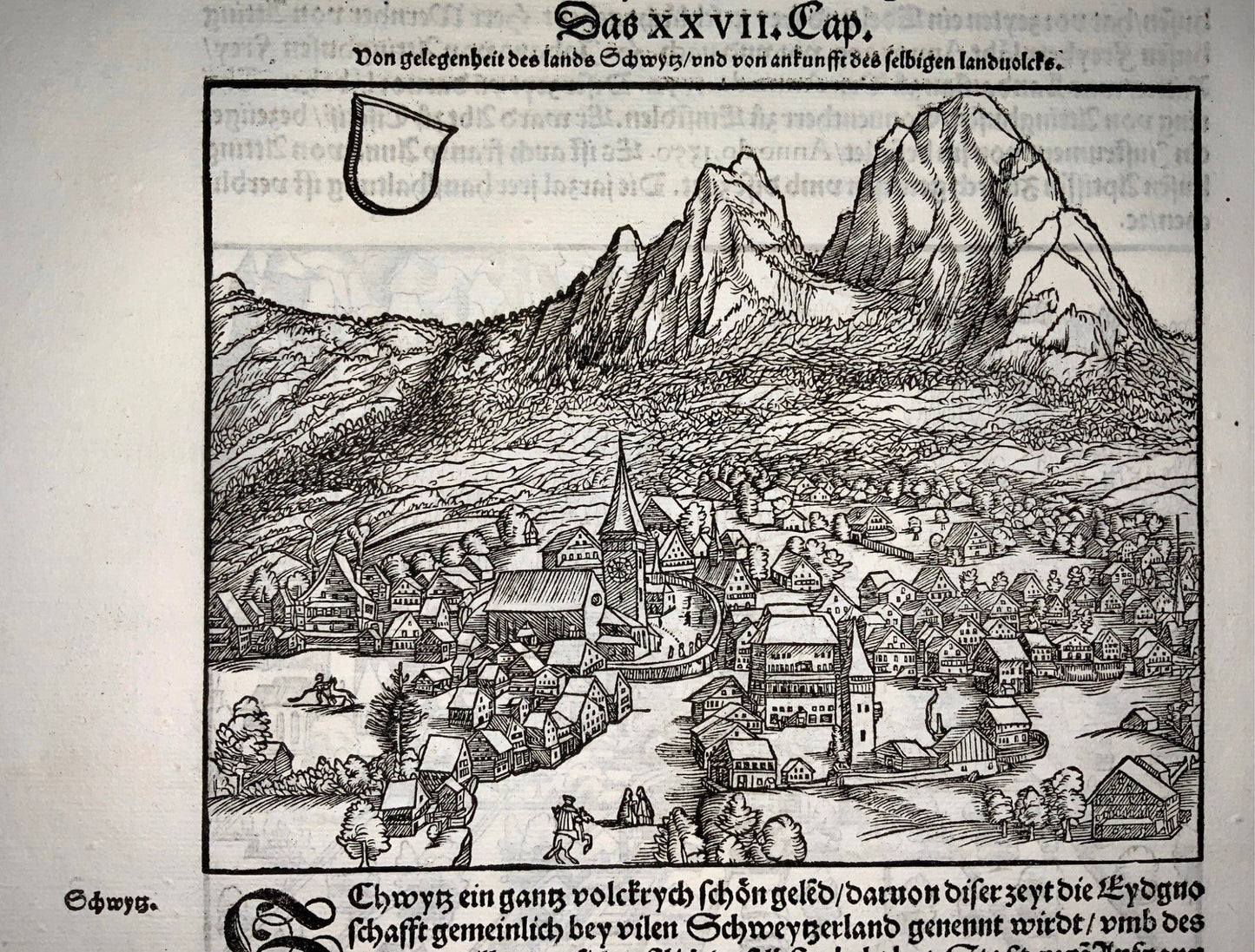 1548 Gio. Stumpf, Altdorf e Svitto, Svizzera, bella xilografia Foglia
