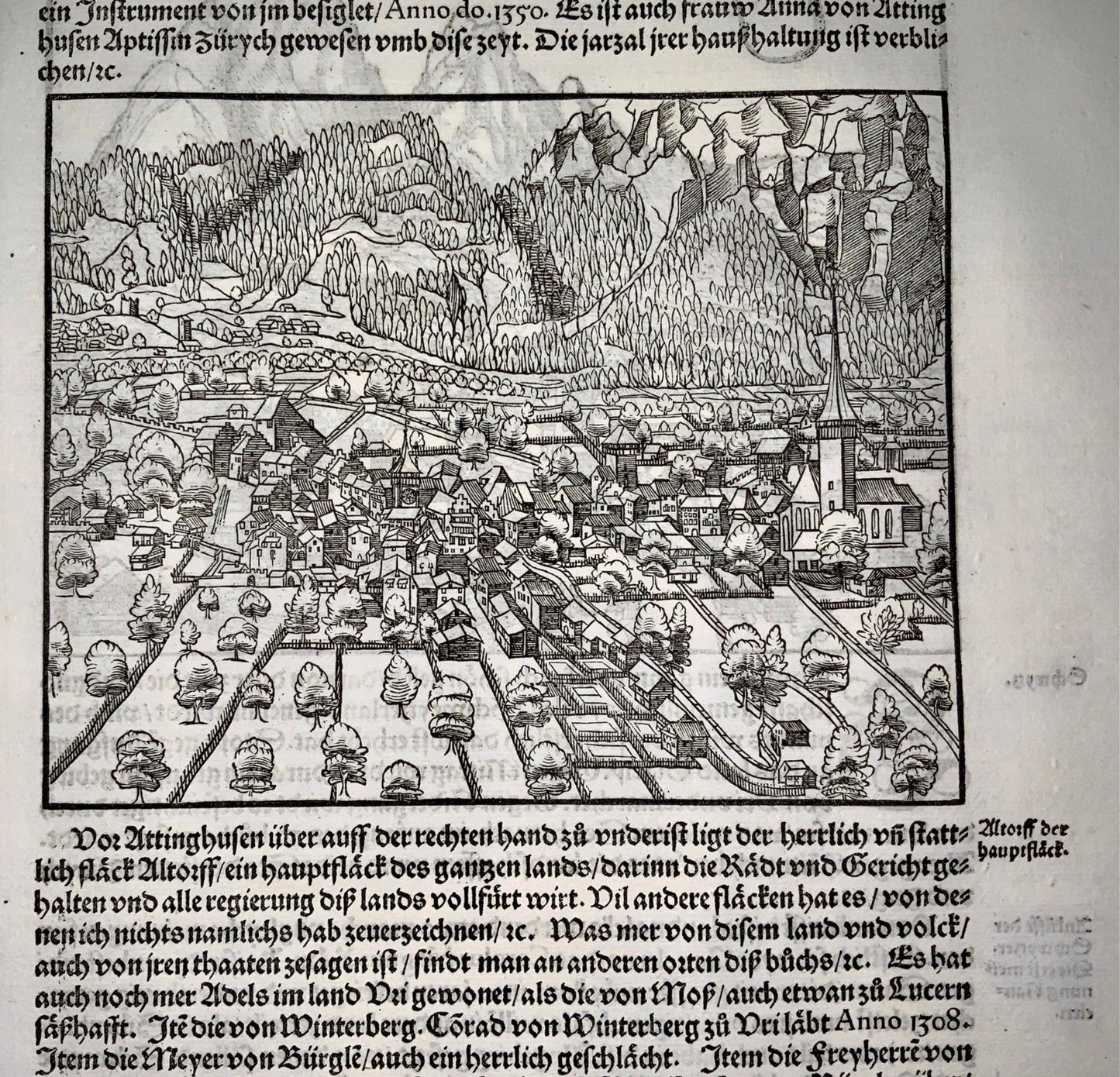 1548 Gio. Stumpf, Altdorf e Svitto, Svizzera, bella xilografia Foglia