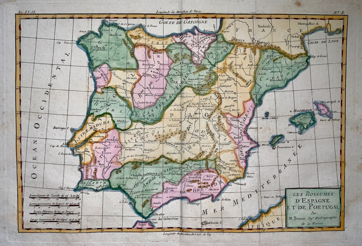1780 Bonne - Spain & Portugal - hand coloured engraved map