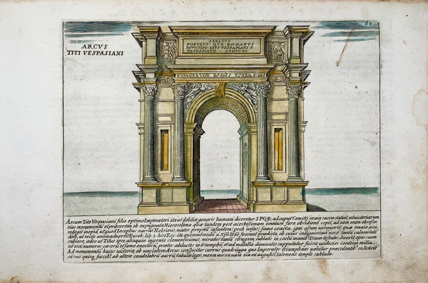1624 Laurus (Lauro), Arch of Titus Vespasian, Rome, hand coloured engraving