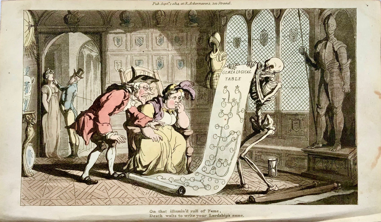 1815 Thomas Rowlandson DANCE OF DEATH hand colored aquatint GENEOLOGY