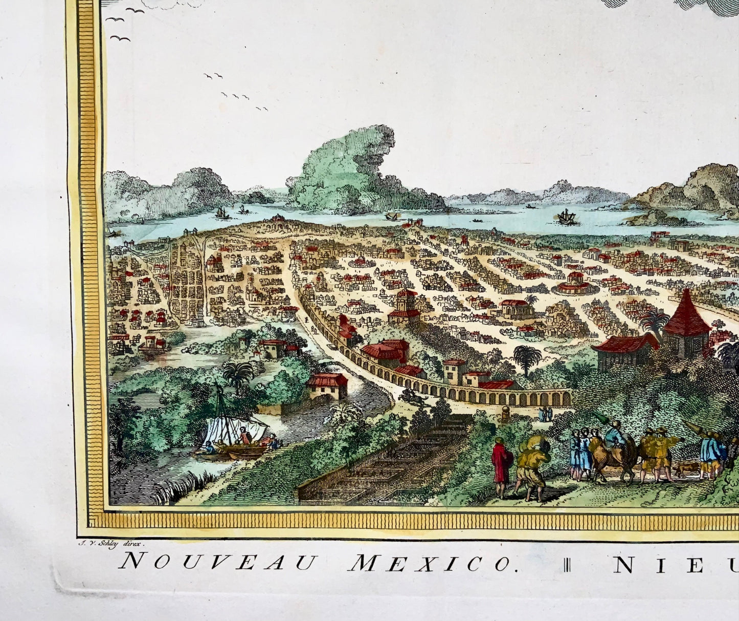1780 JV Schley, Città del Messico, paesaggio urbano, incisione su rame colorata a mano