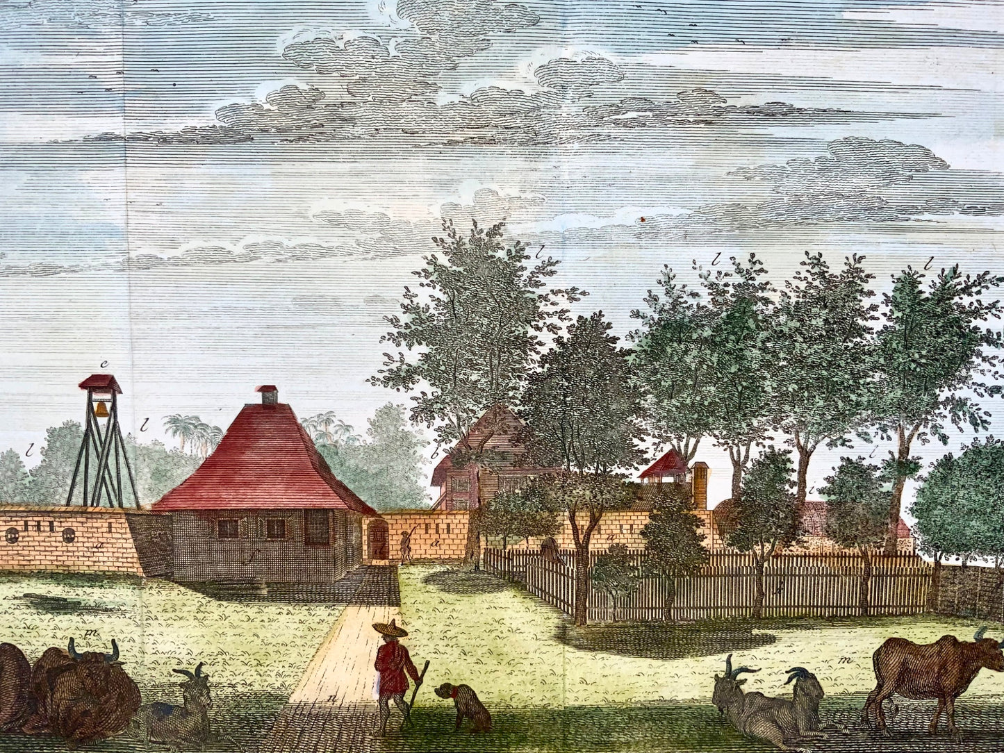 1763 J. Schley, veduta di Fort Tangerang, Indonesia, foglio colorato a mano, topografia straniera