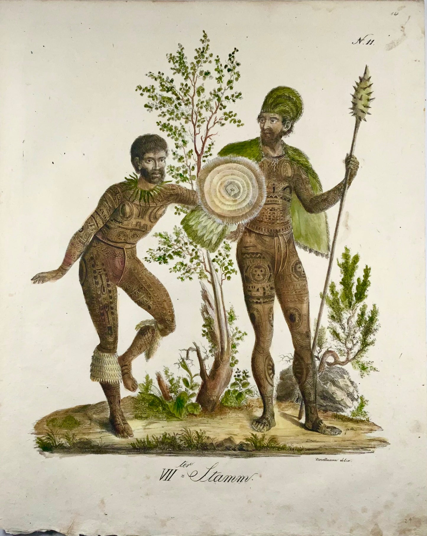 1816 Polynésien tatoué, folio impérial, 42,5 cm, incunables de lithographie, ethnologie