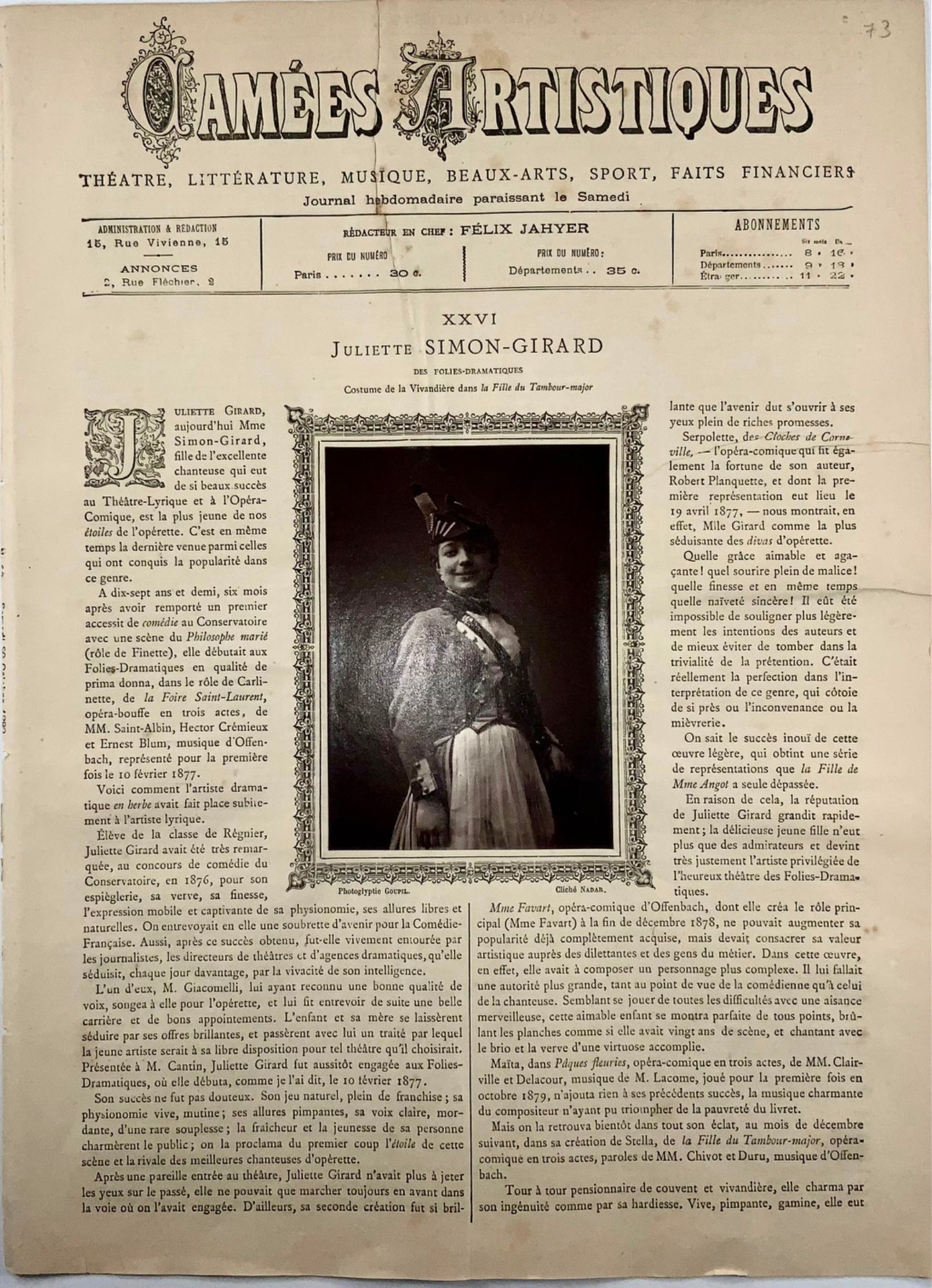 1887 Juliette Simon-Girard, Camées Artistiques con fotografia, giornale