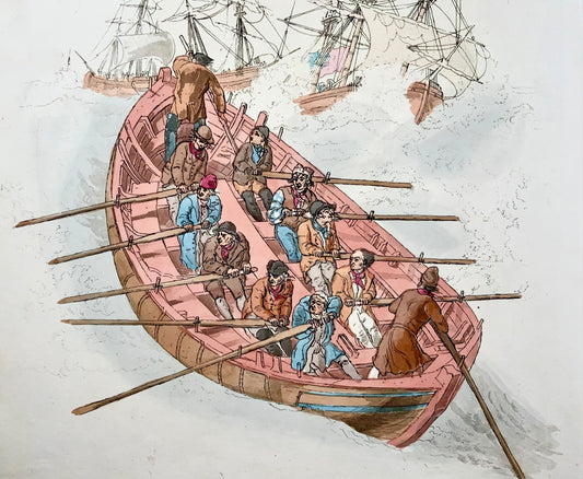 1805 Wm Miller, La scialuppa di salvataggio, il naufragio, acquatinta in folio con colori a mano, marittimo