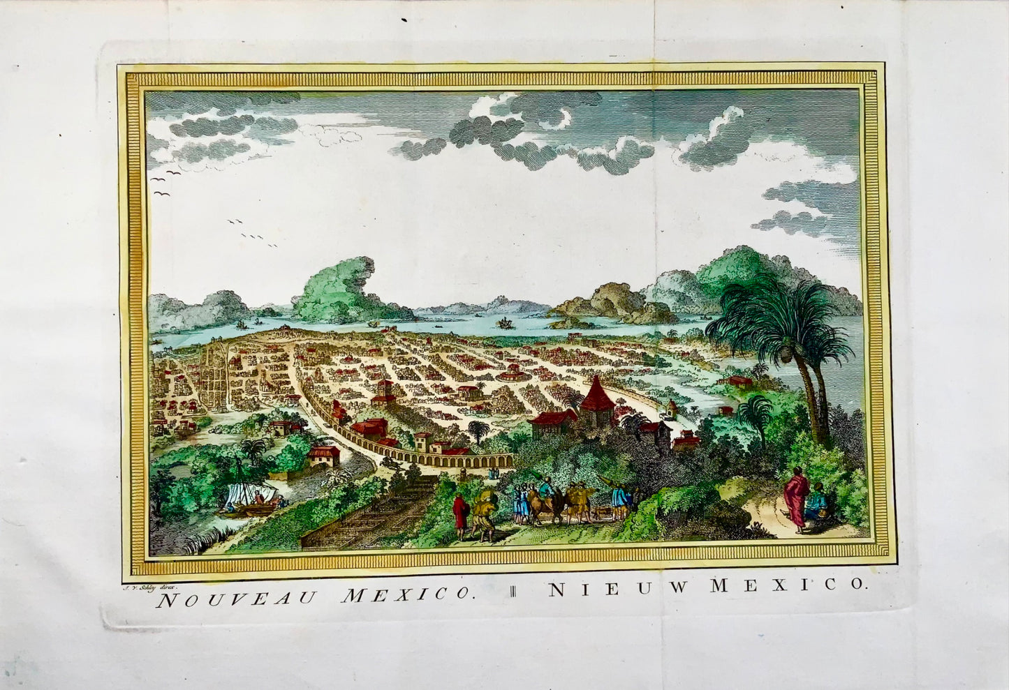 1780 JV Schley, Città del Messico, paesaggio urbano, incisione su rame colorata a mano