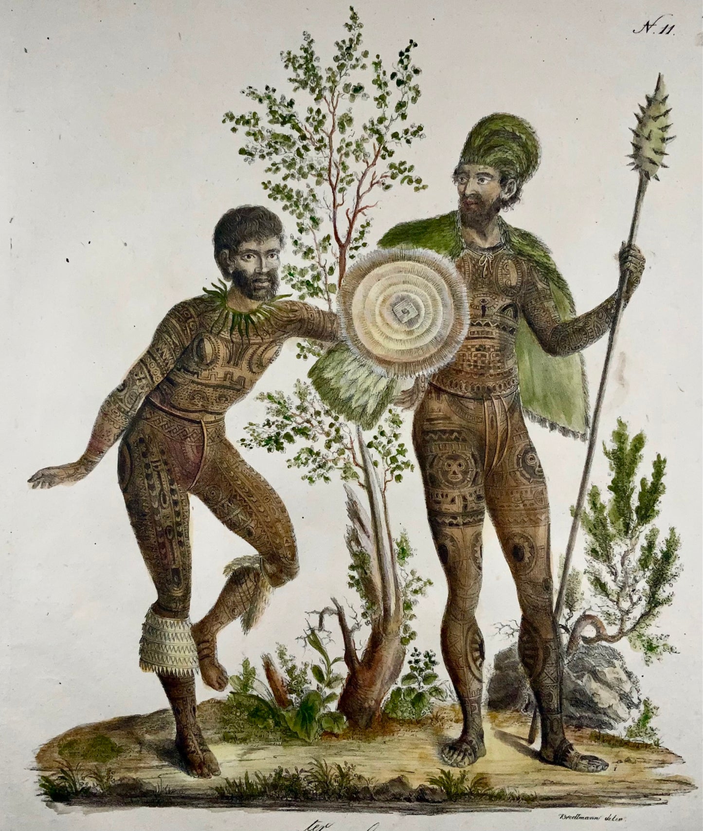 1816 Polynésien tatoué, folio impérial, 42,5 cm, incunables de lithographie, ethnologie