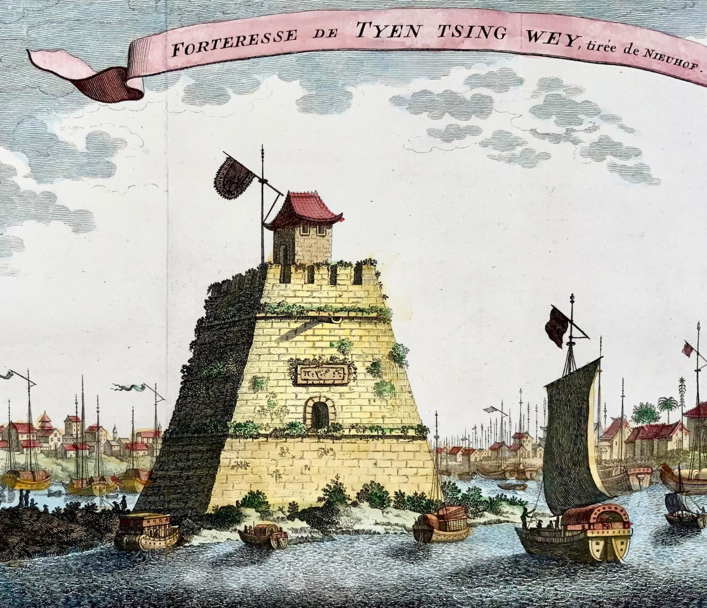 1755 Prevost; Schley, Fortezza sul fiume Pechino, Cina, viaggi all'estero, mappa