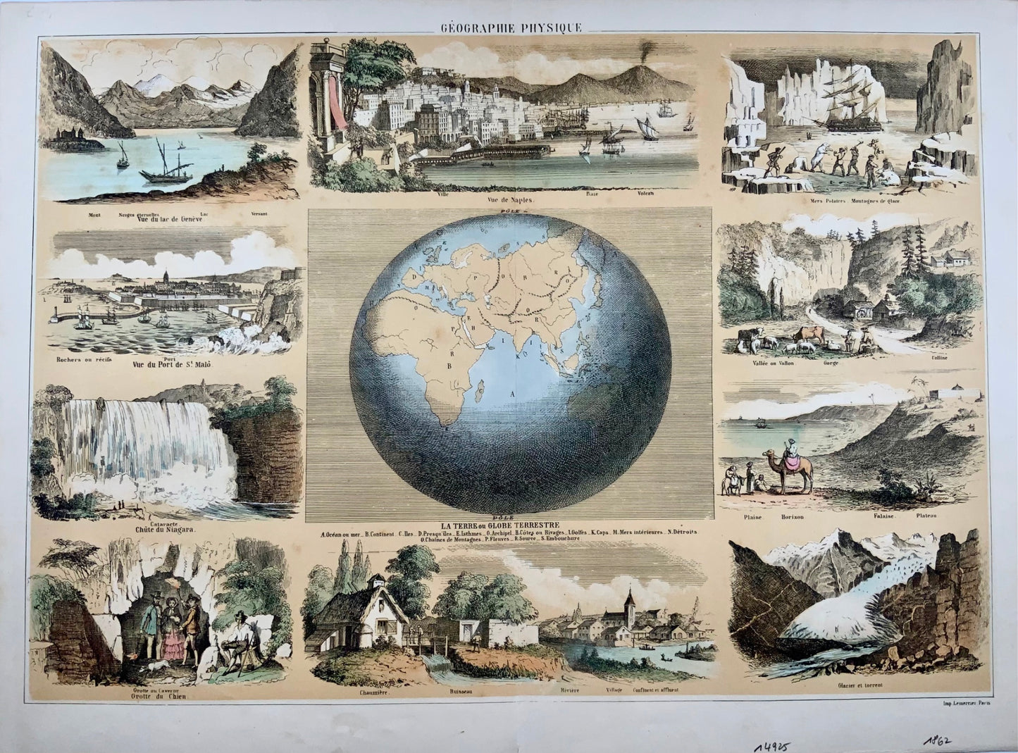 1862 WORLD MAP Géographie physique (Lithographed Maps with Vignettes)