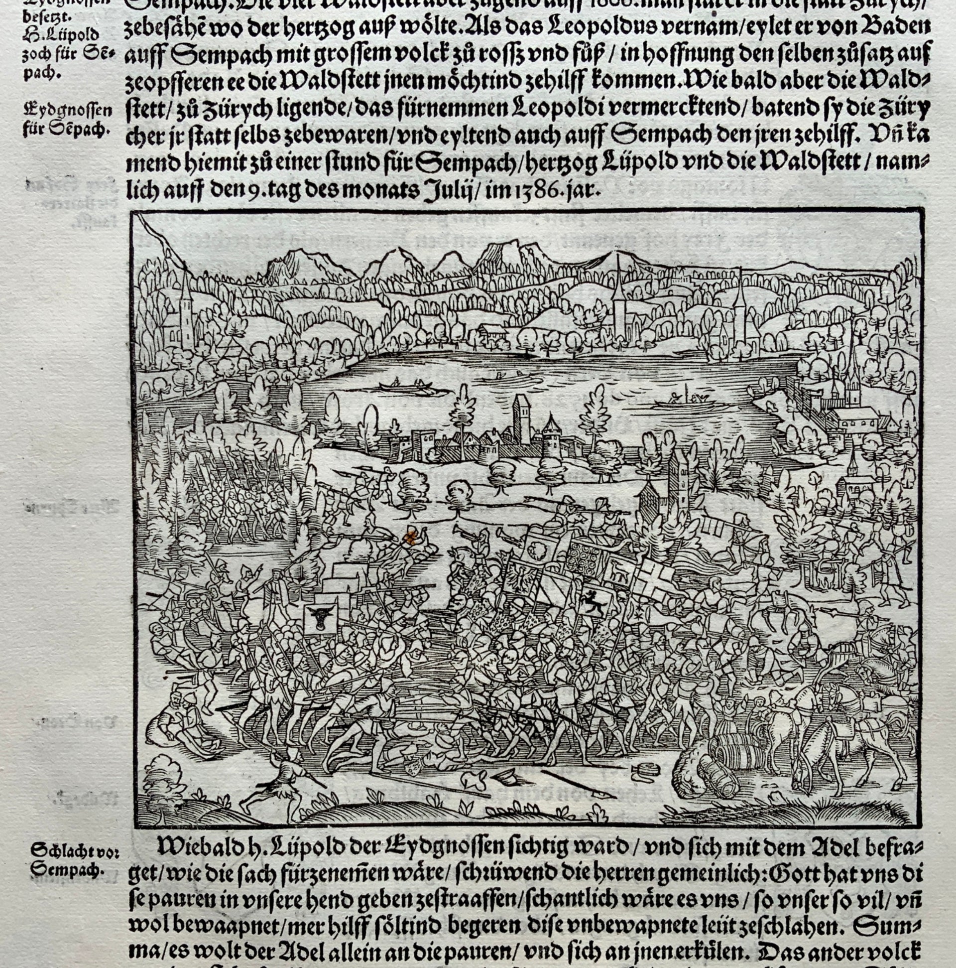1548 Joh. Stumpf - Battle by Sempach Switzerland - Habsburg Wars - woodcut leaf - Military history