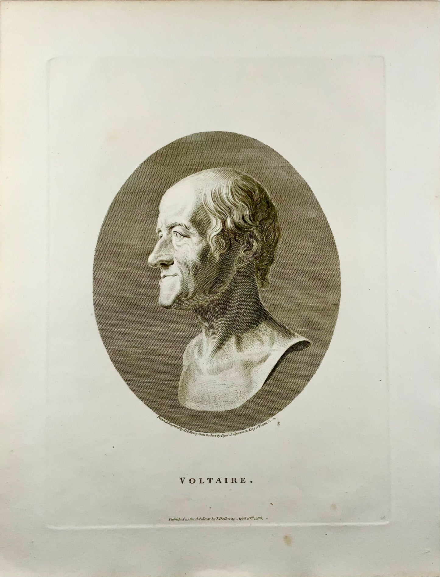 1778 VOLTAIRE bel ritratto inciso in folio di Thomas Holloway