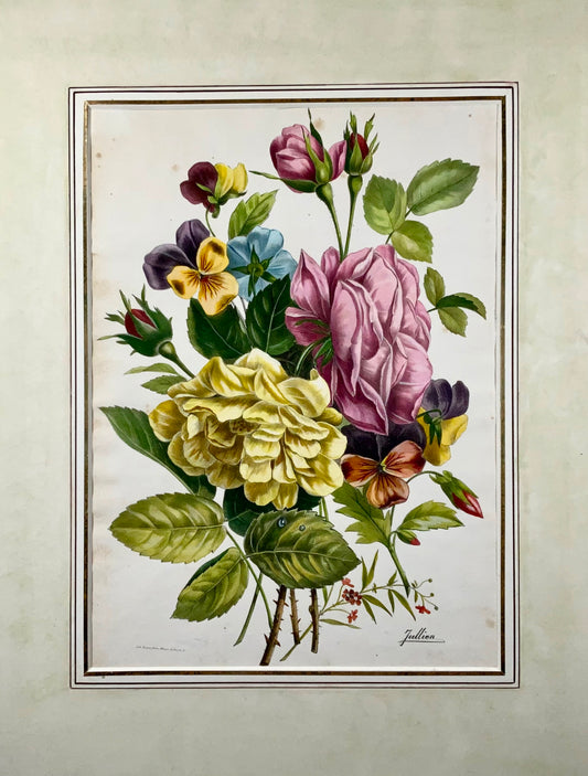 1840c Roses & Pansies, Jullien, Bequet, large stone lithograph hand coloured, botany