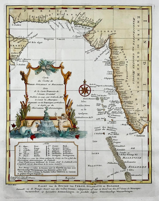 1749 Bellin, Schley, map of Indian Ocean, Maldives, India, Pakistan, Iran, foreign topography