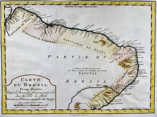 1772 Krevelt, mappa, costa del Brasile, Sud America, Amazzonia, colorata a mano 