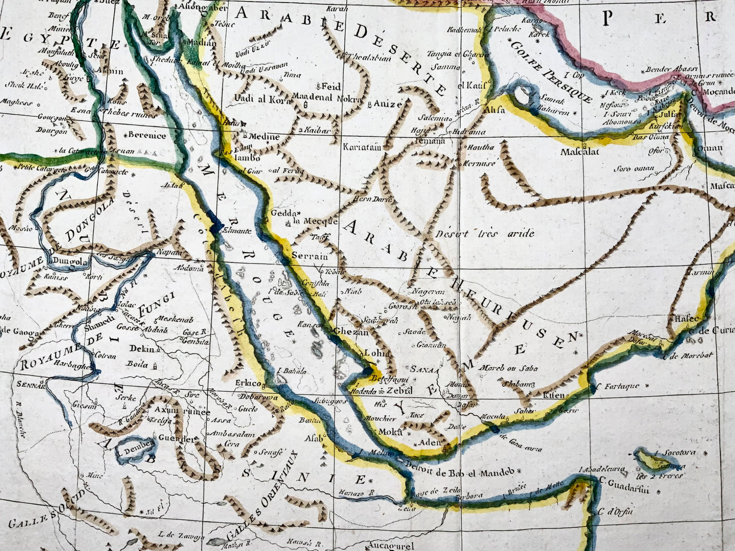 1780 Bonne, mappa del Medio Oriente, Persia, Mar Rosso, Egitto, Nubia colorata a mano