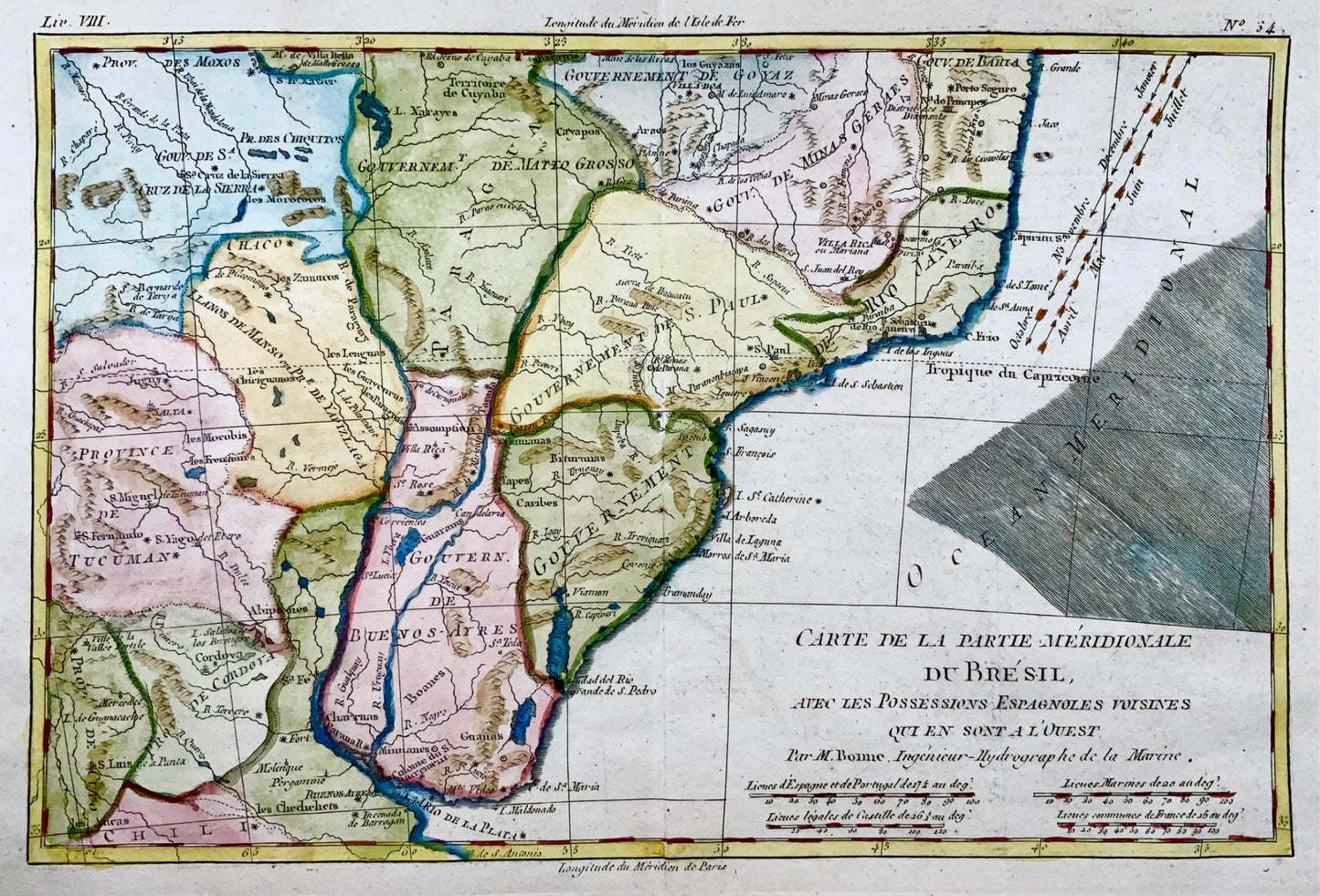 1780 Brazil, Brésil, Spanish possessions, Bonne, hand coloured engraved map
