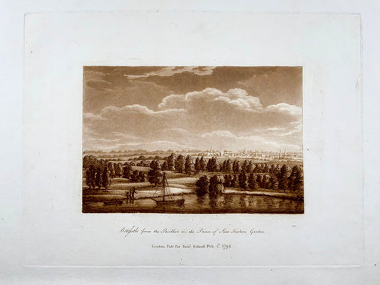1795 Bruxelles, Belgique, aquatinte sépia fine, édition grand papier, topographie étrangère