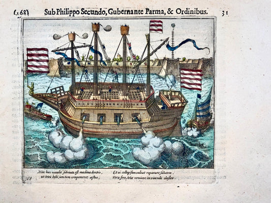 1622 Frans Hogenberg, armoured ship ‘Fin de la guerre’, fine copper engraving, military history