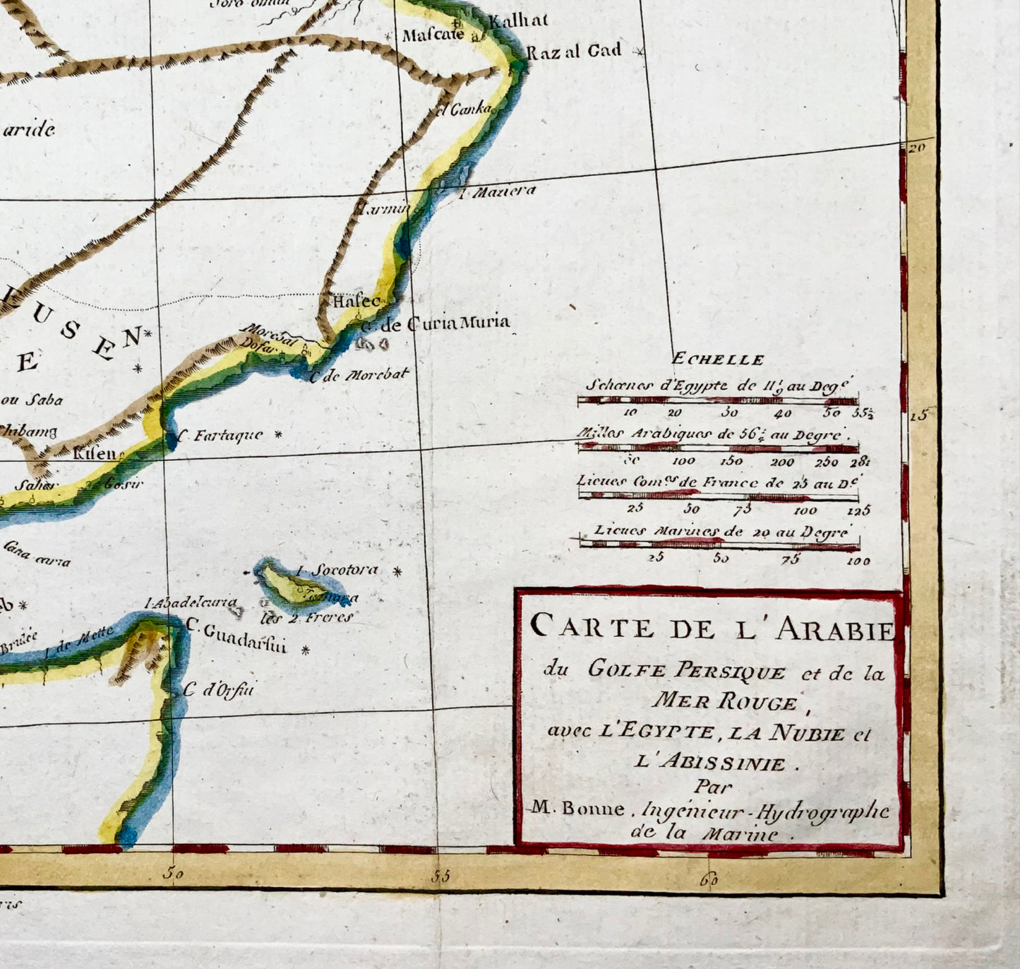 1780 Bonne, map of Middle East, Persia, Red Sea, Egypt, Nubia hand coloured