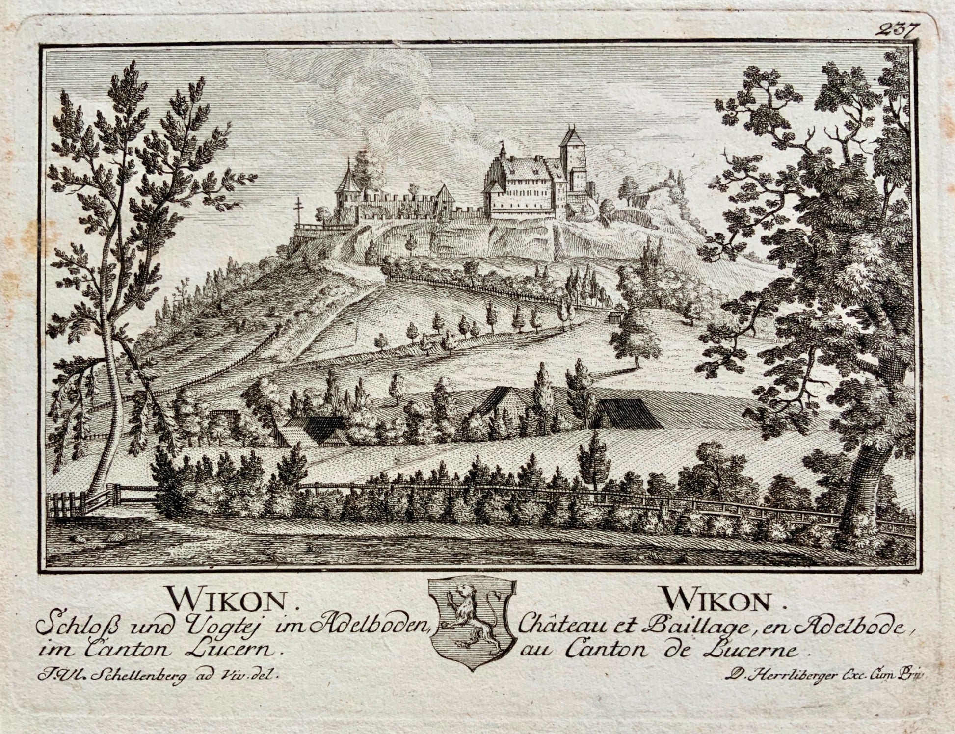 1754 David Herrliberger WIKON Schloss und Vogtei copper engraving