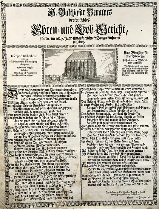 1661 Broadsheet, Ode to the City Library, Zurich, Switzerland, bibliothecography