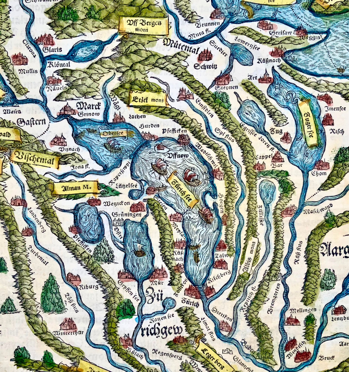 1548 Joh. Stumpf, Zurich, Lucerne, Zug, Switzerland folio woodcut map