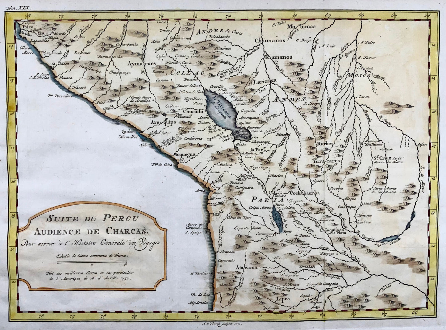 1771 Bellin, Krevel, mappa, Perù e Cile, mappa colorata a mano