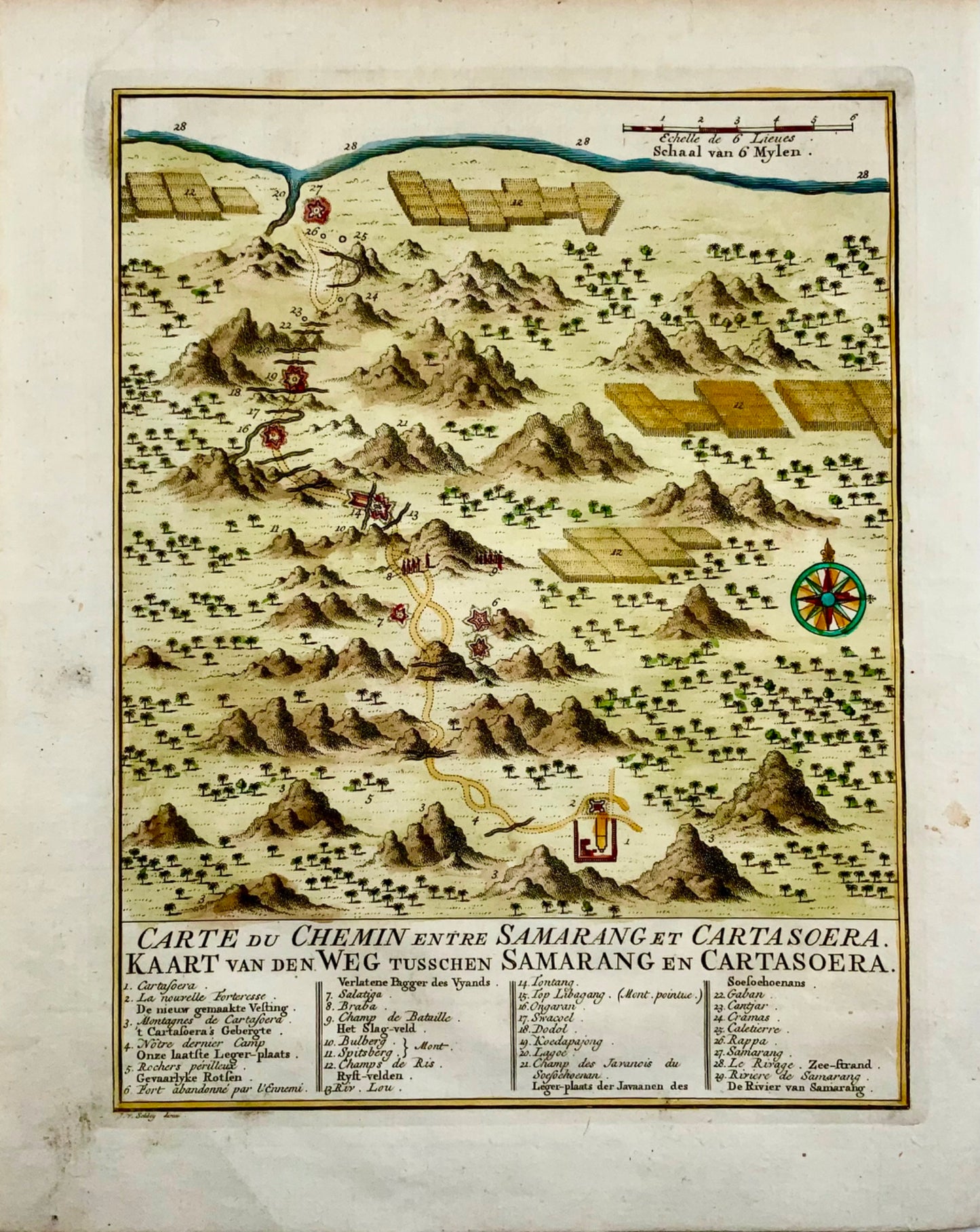 1763 Mappa dell'Indonesia, Semarang, Kartasoera, Soerabaya di Schley