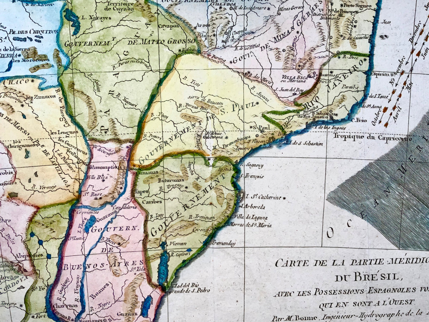 1780 Brasile, Brésil, possedimenti spagnoli, Bonne, mappa incisa a mano