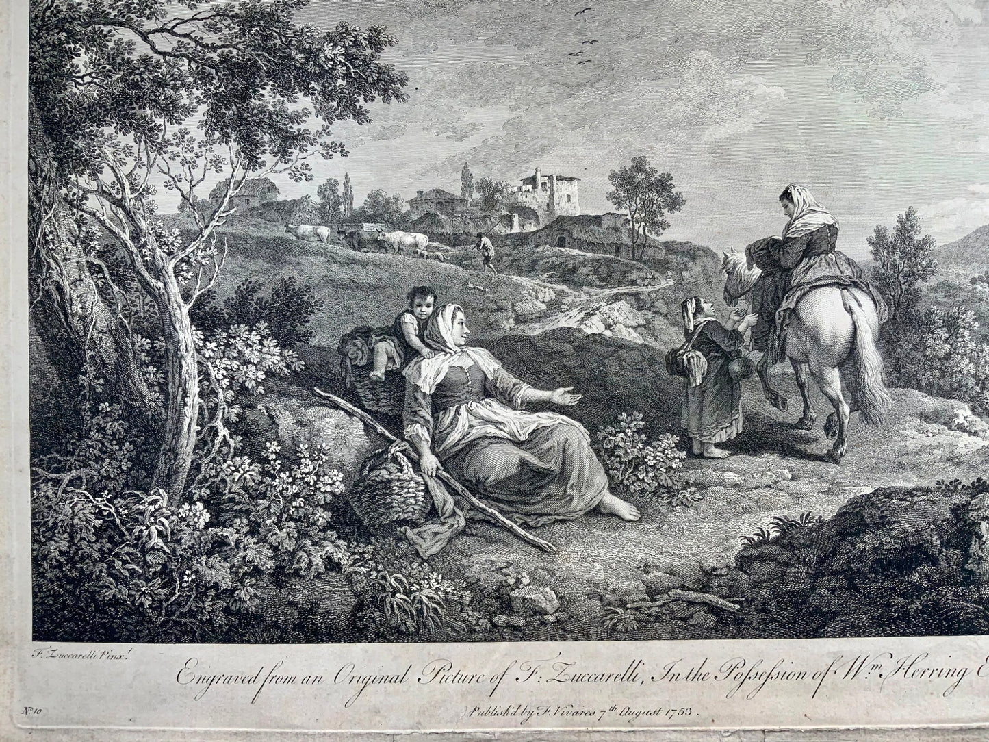 1753 F. Zuccarelli, Italianate pastoral scene, large impressive engraving, classical art