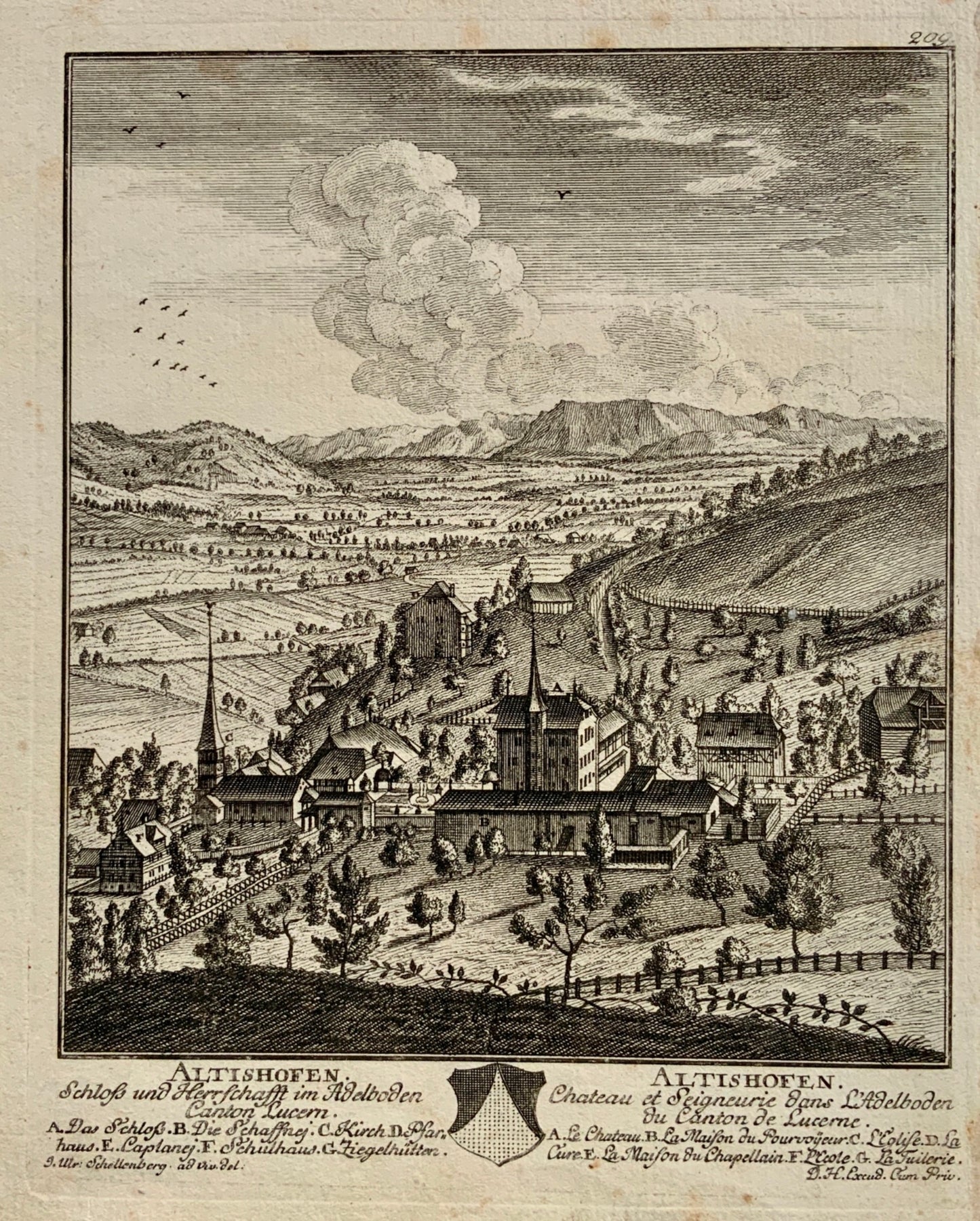 1758 J. Schellenberg Very rare view of ALTISHOFEN Lucerne Switzerland