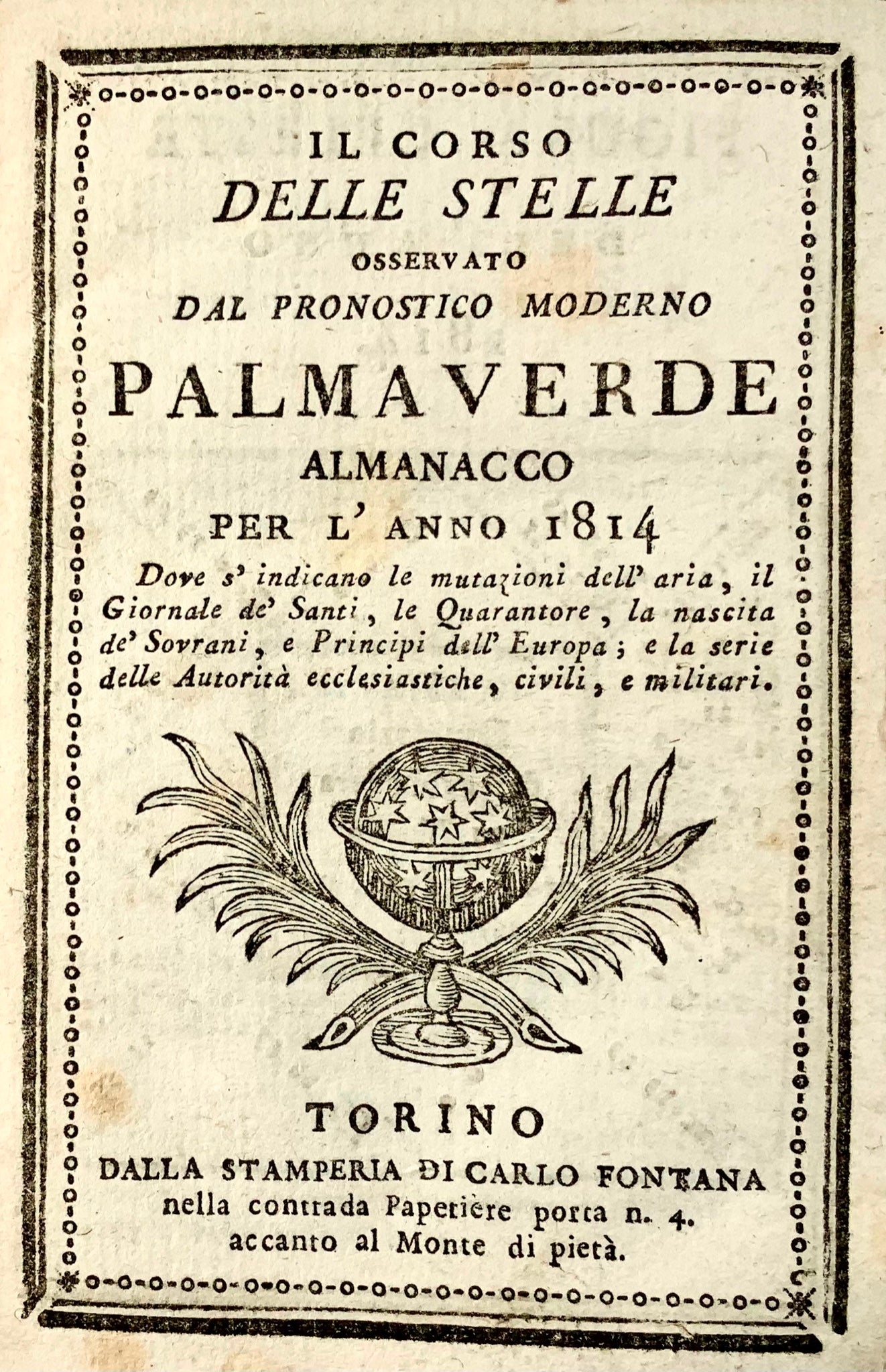 1814 Almanacco Astronomico, Palmaverde, Il Corso delle Stelle, xilografie