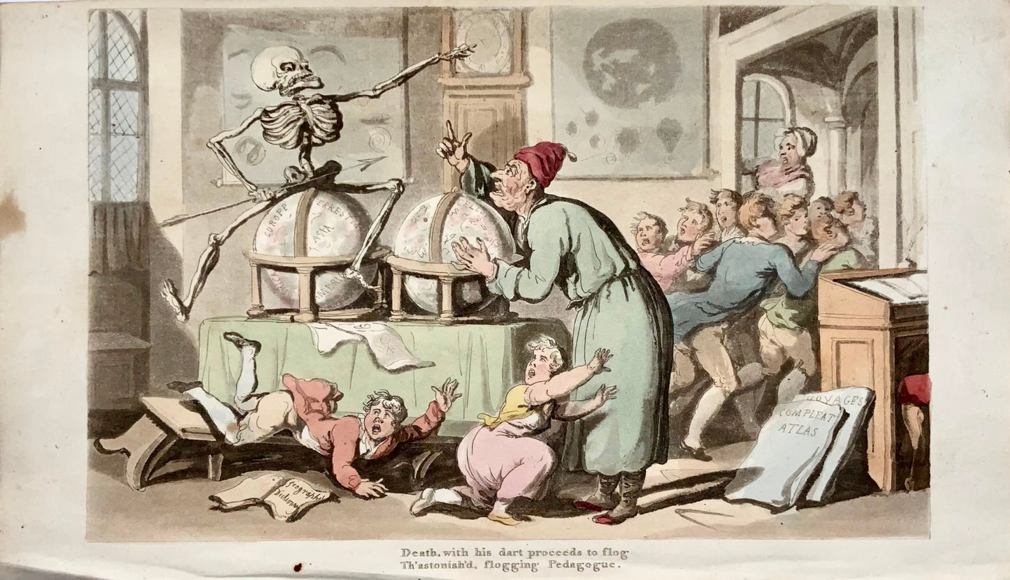 1815 Thomas Rowlandson, Danza della morte, mappe, globi, acquatinta colorata a mano, caricatura