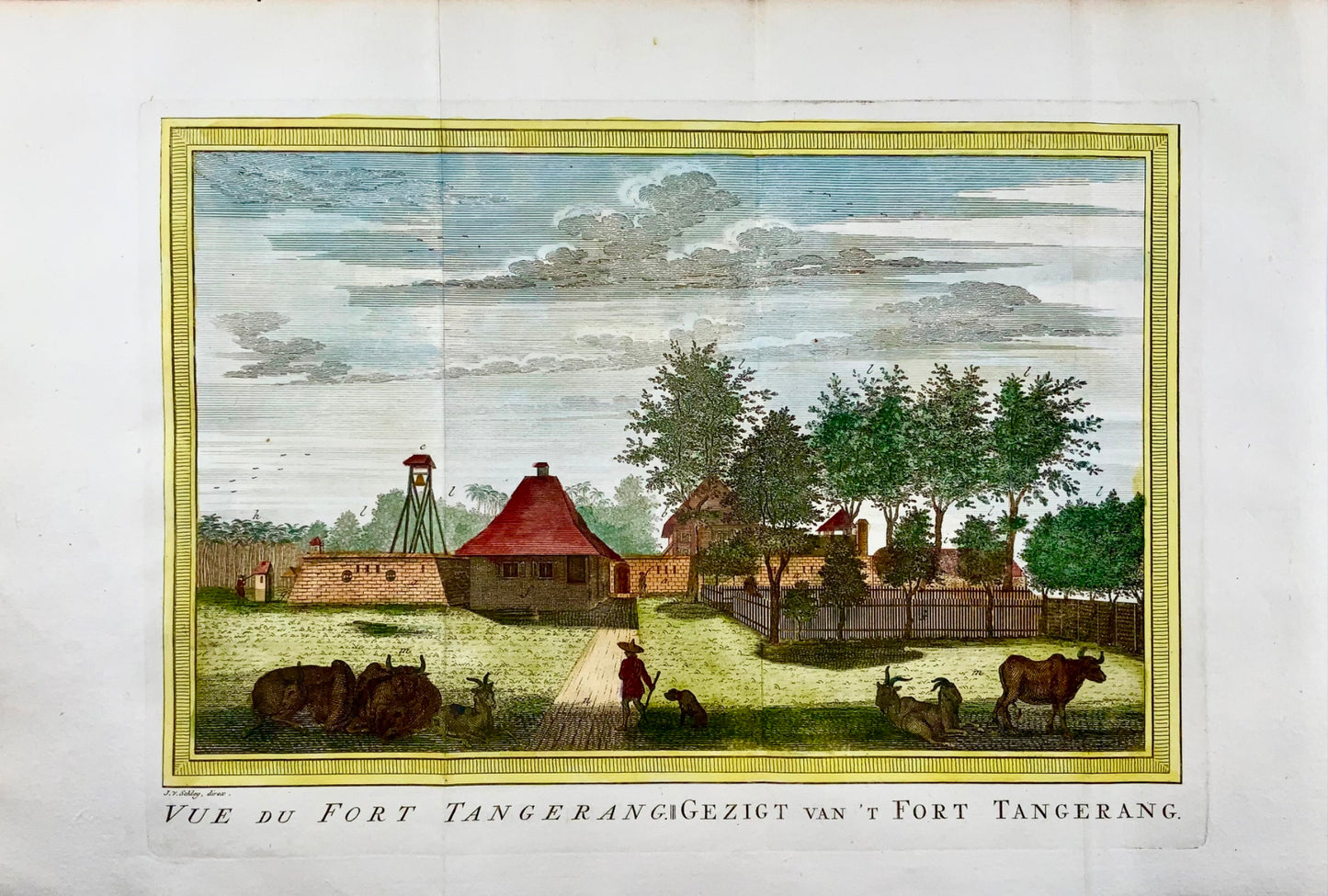 1763 J. Schley, veduta di Fort Tangerang, Indonesia, foglio colorato a mano, topografia straniera