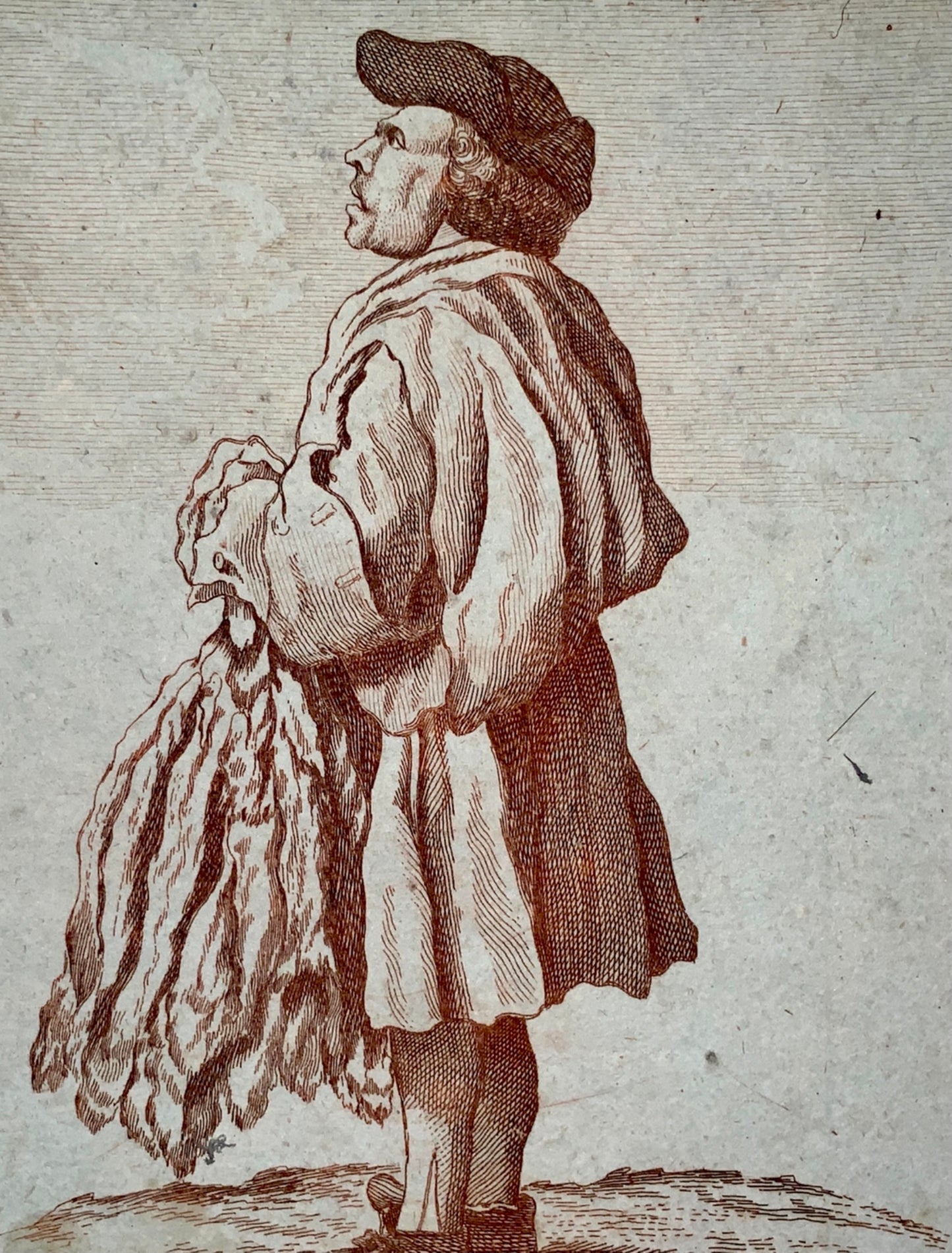 Ca 1760 scarce anonymous sepia engraving of a RABBIT SKIN SELLER - Trade
