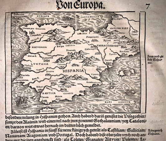 1548 Johannes Stumpf - Scarce map of Spain Portugal Monsters - First Issue