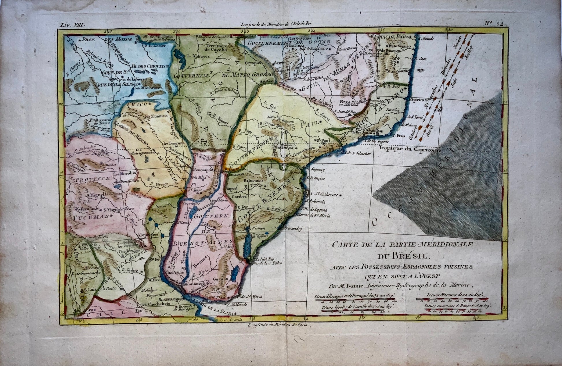 1780 Bonne - Antique Map of BRAZIL URUGUAY PARAGUAY Meridional Bresil