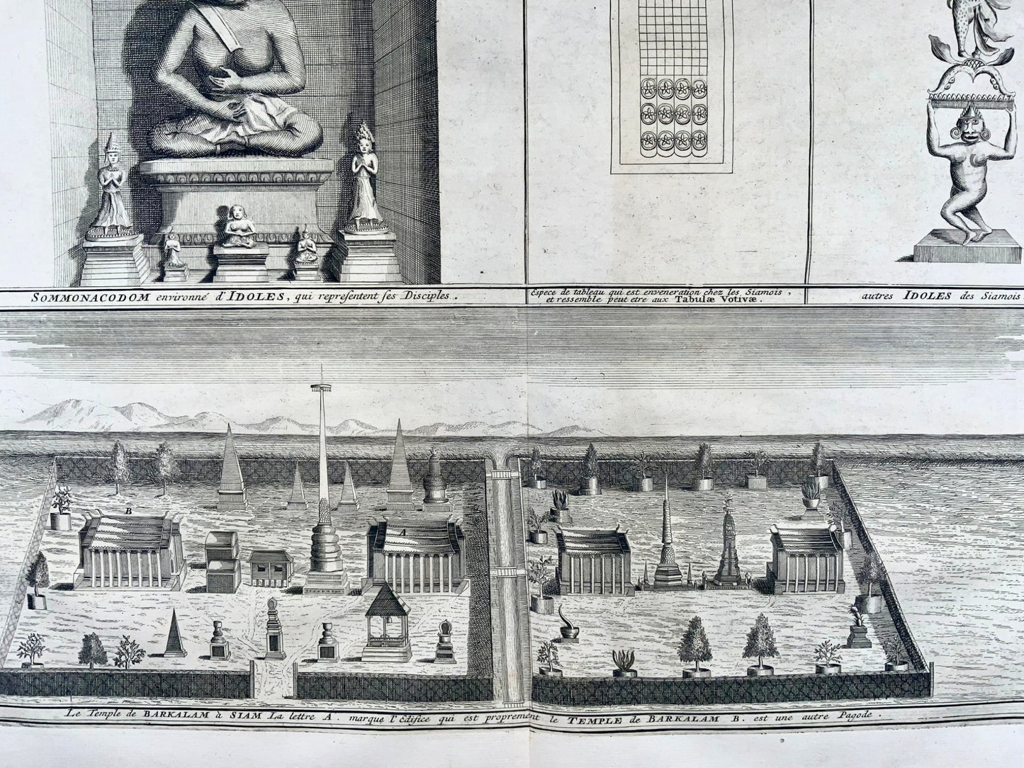 1729 [B. Picart], Idoli del Siam (Thailandia), Tempio di Barkalam, doppio foglio 