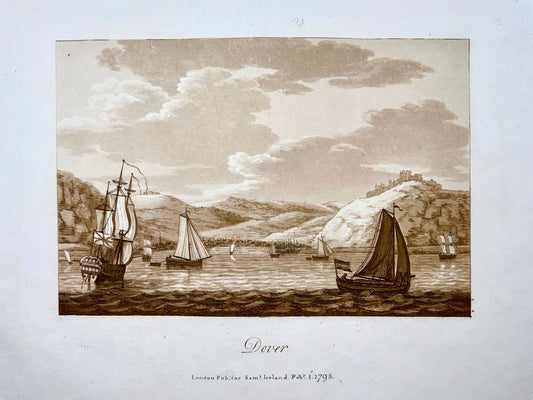 1795 Dover from the Sea, Inghilterra, acquatinta seppia di Sam. Irlanda, carta grande