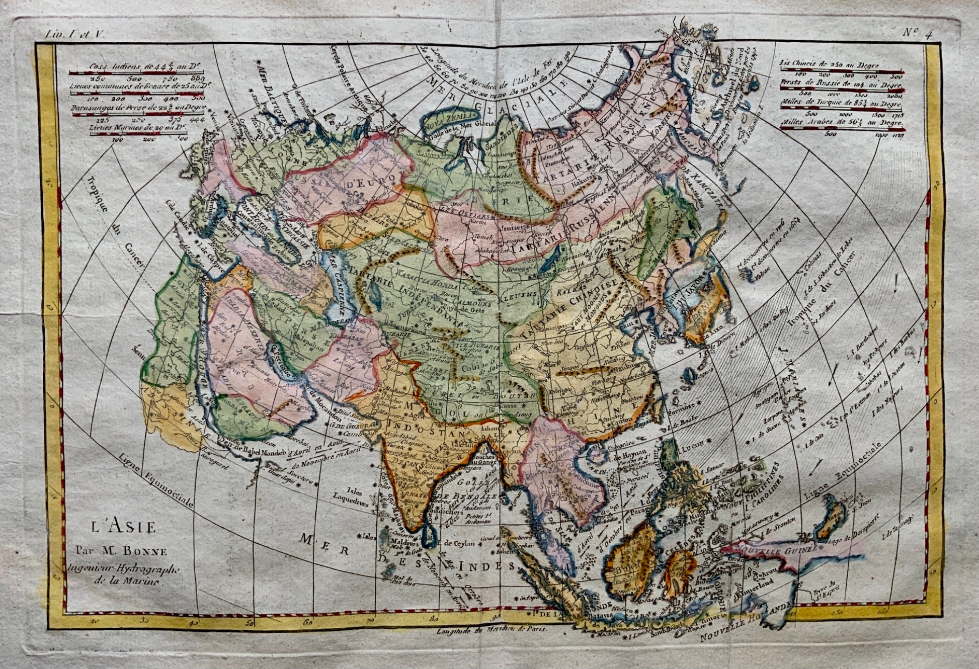 1780 Bonne - ASIA China, Russia, Siberia, India - hand coloured engraved map