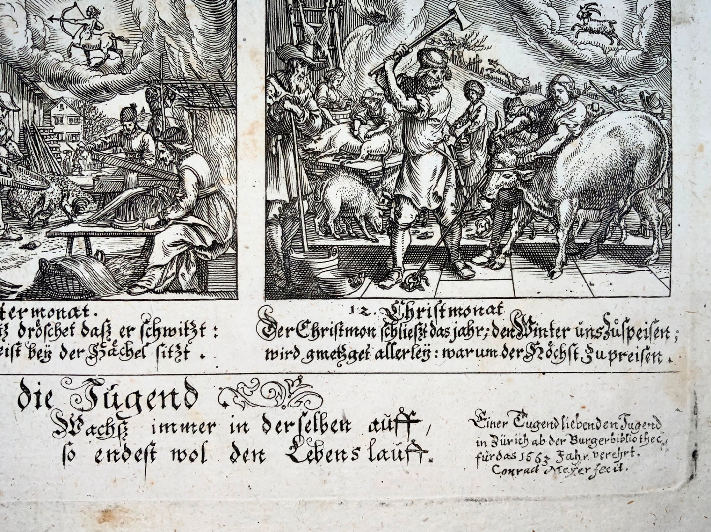 1663 Broadsides (2) with 12 engravings, Farming Calendar, Conrad Meyer