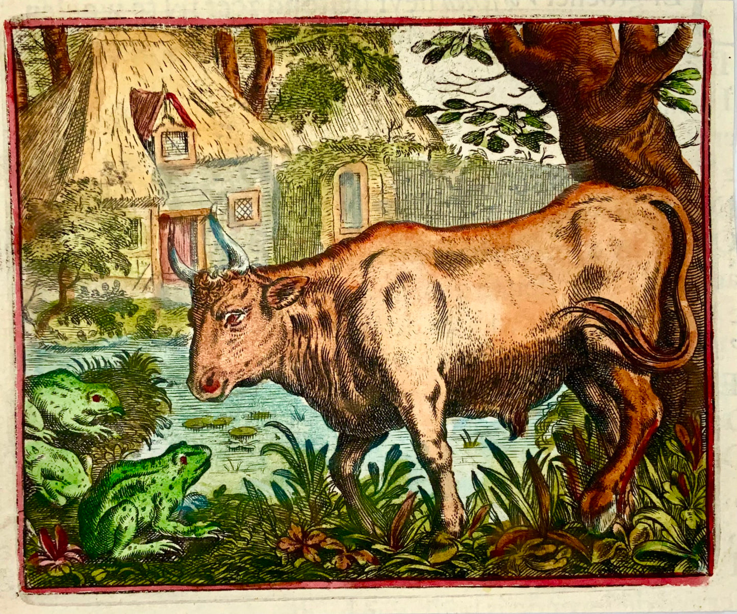 1617 Marcus Geerhaerts, favola, il toro e le rane, colorata a mano, incisione